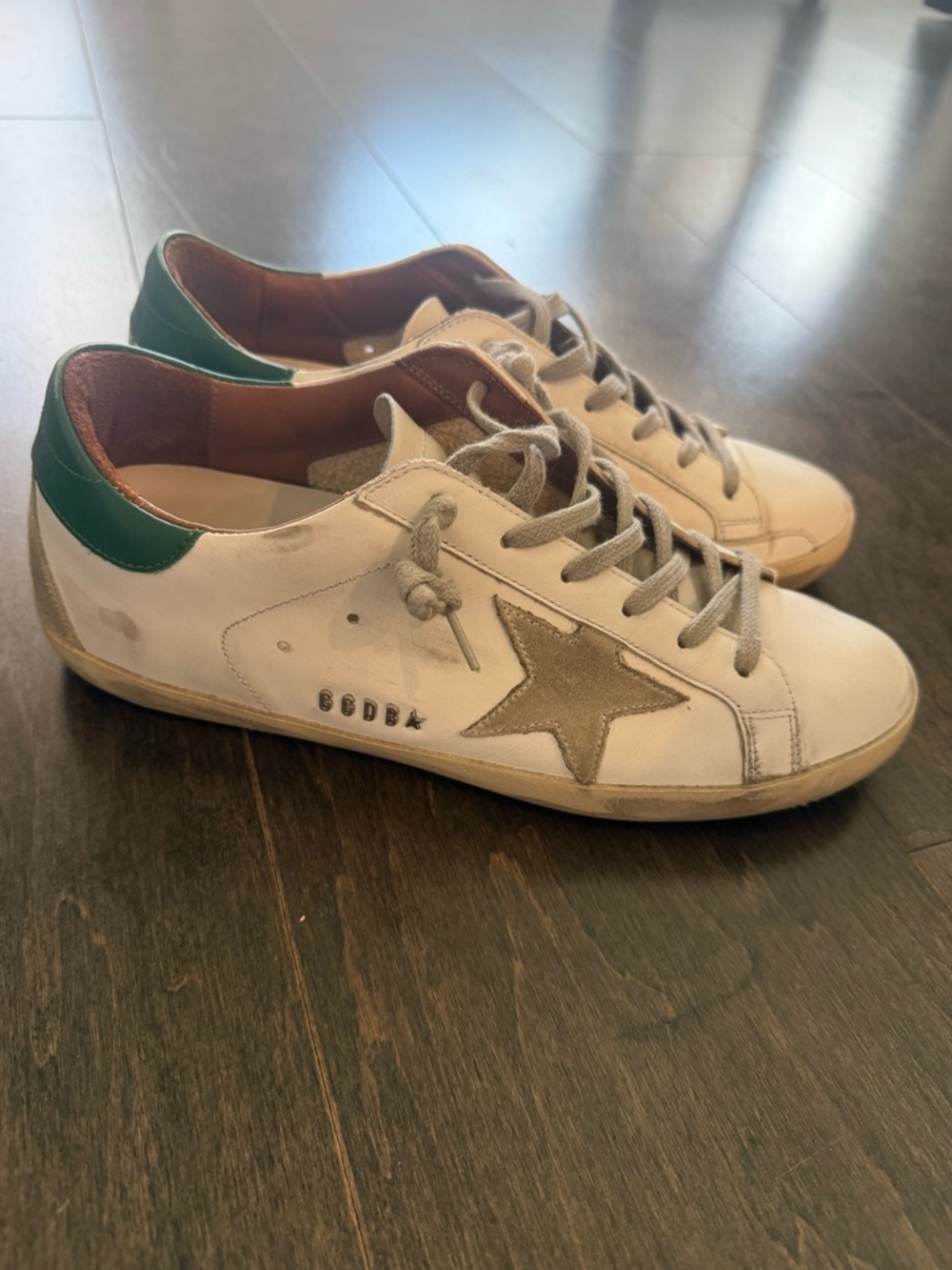 Golden Goose White Leather Sneakers with Green Heel and Gray Star, Women’s 9